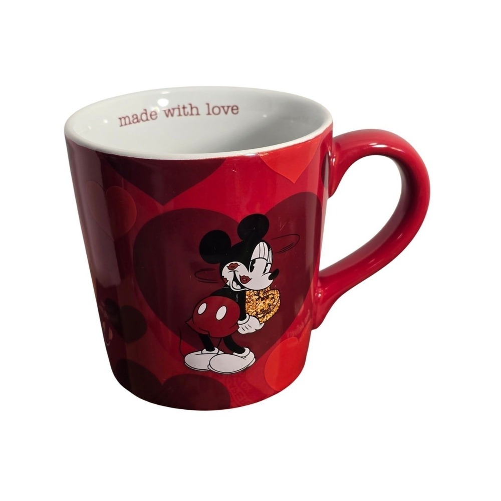 Disney Mickey Mouse Coffee Mug Made With Love Jumping Beans Red Hearts‎ NEW